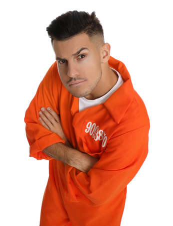 Prisoner in orange jumpsuit on white background