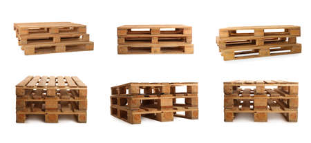 Set with wooden pallets on white background. Banner design