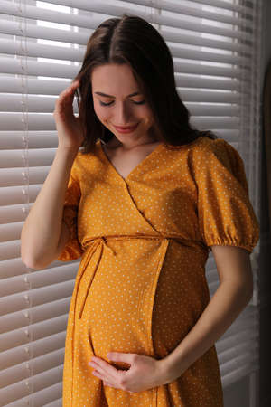 Young pregnant woman near window at homeの写真素材