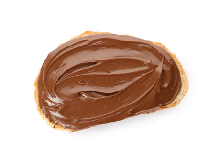 Bread with tasty chocolate spread on white background, top viewの写真素材