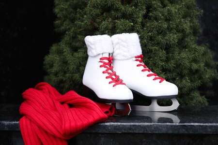 Red knitted scarf and pair of ice skates on stone step outdoorsの写真素材