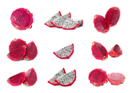 Set with delicious pink dragon fruits (pitahaya) on white backgroundの写真素材