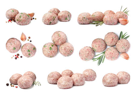 Set with fresh raw meatballs on white backgroundの写真素材