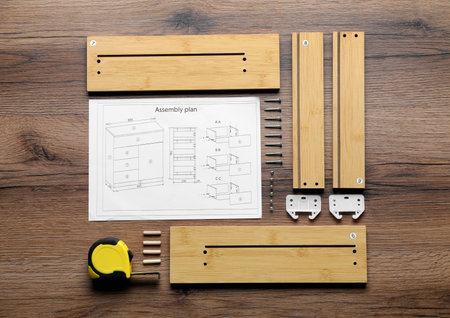 Flat lay composition with furniture parts and tools for self-assembly on wooden backgroundの写真素材