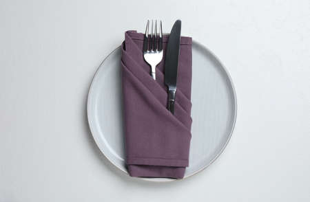 Beautiful table setting on white background, top viewの写真素材
