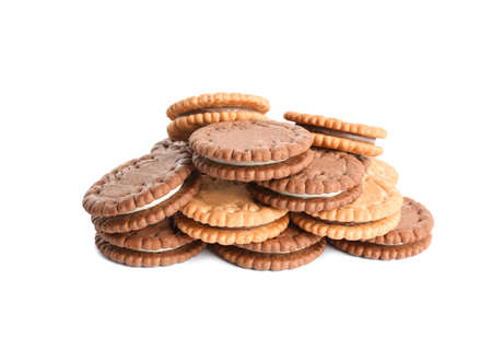 Different tasty sandwich cookies on white backgroundの写真素材
