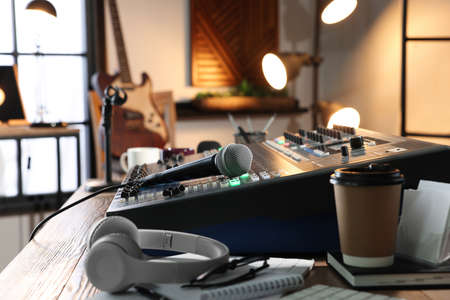 Professional audio equipment in modern radio studioの写真素材