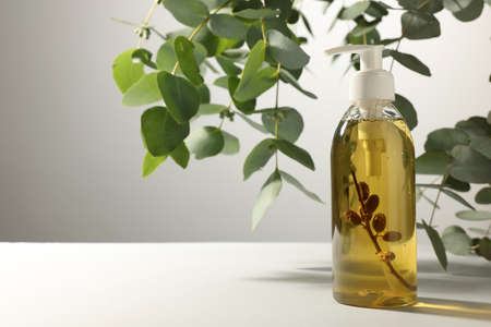 Bottle of liquid soap on white table near eucalyptus branches, space for textの写真素材