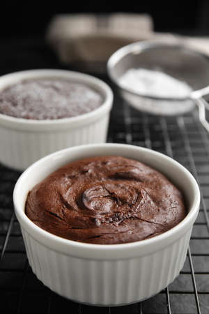 Delicious fresh chocolate fondant on black tableの写真素材