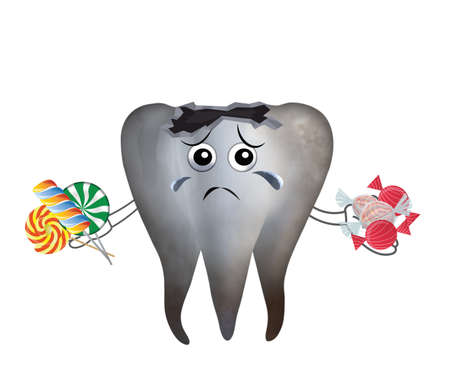 Unhealthy tooth with sweets on white background, illustration. Dental problemの写真素材