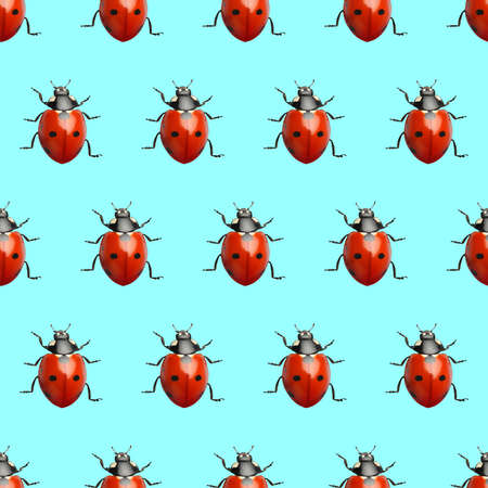 Many red ladybugs on turquoise background, flat lay