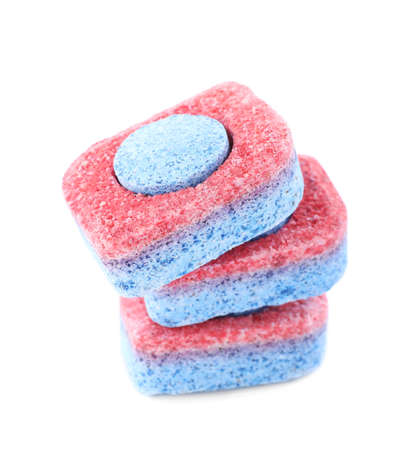 Many dishwasher detergent tablets on white backgroundの写真素材