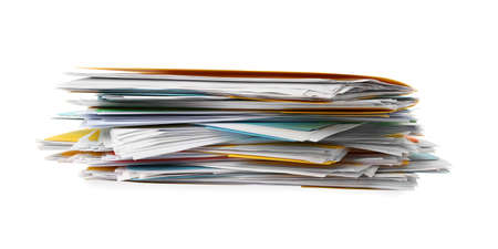 Stack of different files with documents on white backgroundの写真素材