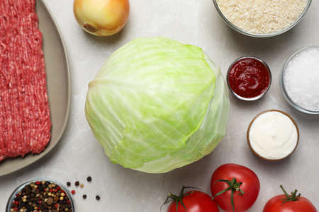 Set of ingredients for preparing stuffed cabbage rolls on light table, flat layの写真素材