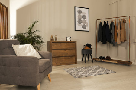 Modern dressing room interior with stylish clothes, shoes and decorative elements
