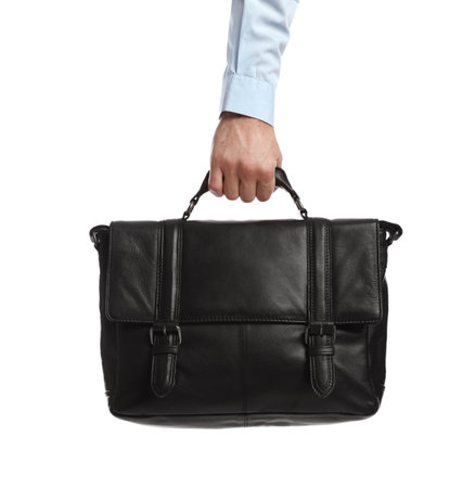 Man holding stylish leather briefcase on white background, closeupの写真素材