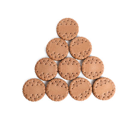 Tasty chocolate sandwich cookies on white background, top viewの写真素材