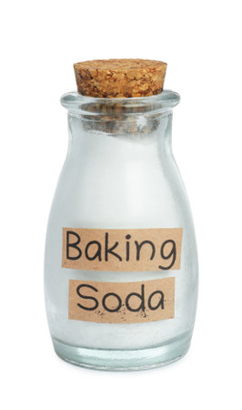 Bottle with baking soda on white backgroundの写真素材