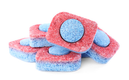 Many dishwasher detergent tablets on white background, closeupの写真素材