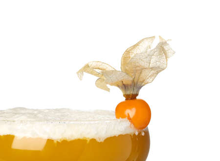 Refreshing cocktail decorated with physalis fruit on white background, closeupの写真素材