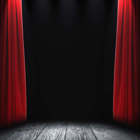 Empty wooden stage and open red curtainsの写真素材