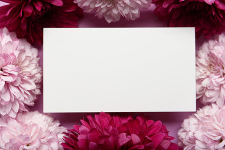 Beautiful chrysanthemum flowers and blank card as background, top view. Space for textの写真素材