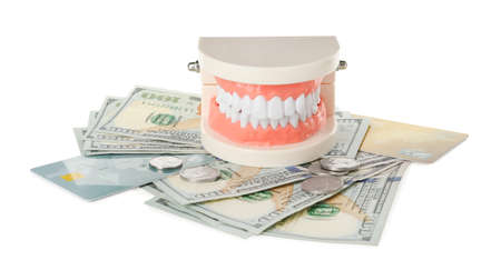Educational dental typodont model, money and credit cards on white background. Expensive treatment