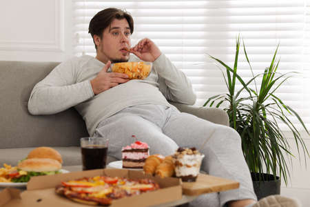 Overweight man with chips on sofa at homeの写真素材