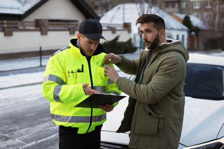 Man putting bribe into police officer's pocket near car outdoors