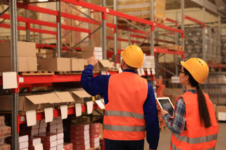 Manager and worker at warehouse, back view. logistics center