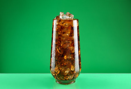 Glass of refreshing soda water with ice cubes on green background
