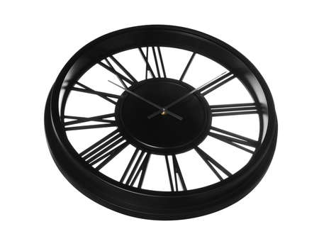 Modern black clock with Roman numerals isolated on white