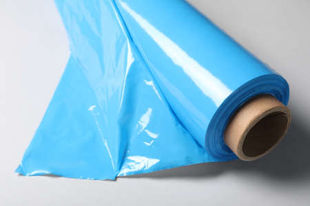 Roll of plastic stretch wrap film on white background, closeupの写真素材