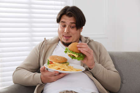Overweight man with plate of burgers and French fries on sofa at homeの写真素材