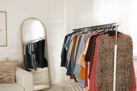 Rack with stylish clothes near sofa and mirror indoors. fast fashion