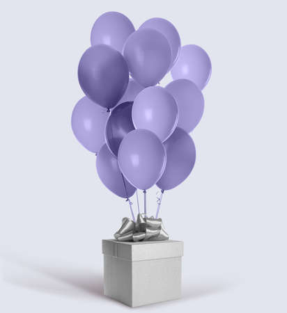 Beautiful gift box and bunch of violet balloons on white background