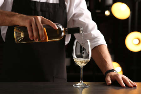 Bartender pouring white wine into glass at counter indoors, closeupの写真素材