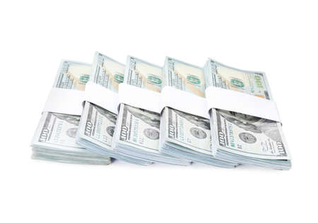 Bundles of dollar banknotes on white background. american national currency