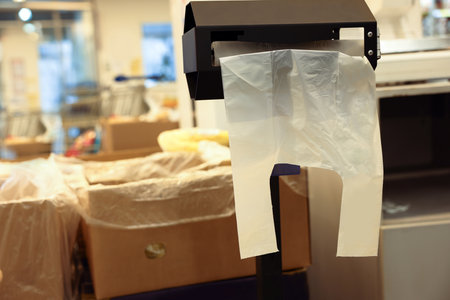 Plastic bags near boxes with products in supermarket, space for text