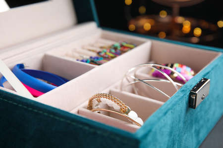 Elegant jewelry box with beautiful bijouterie, closeupの写真素材