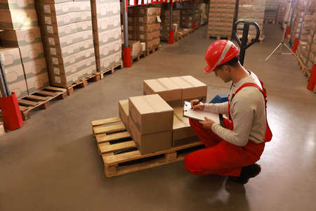 Worker holding clipboard near pallet with boxes in warehouse