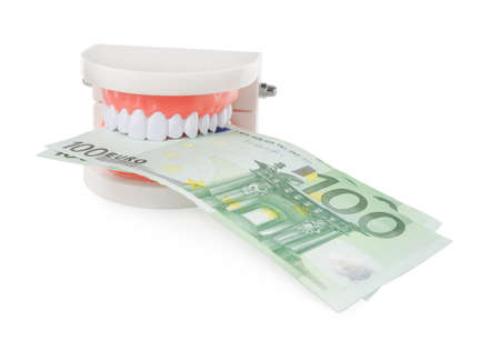 Educational dental typodont model with euro banknotes on white background. Expensive treatment