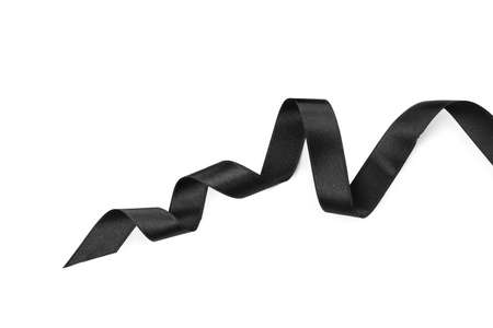 Black satin ribbon on white background, top viewの写真素材