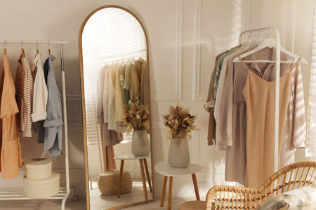 Modern dressing room interior with stylish clothes and beautiful dry flowersの写真素材