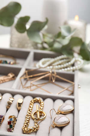 Elegant jewelry box with beautiful bijouterie, closeup