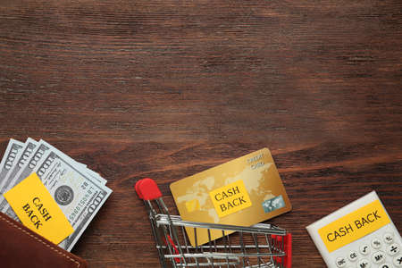 Dollar banknotes, shopping cart, calculator and credit card on wooden background, flat lay with space for text. cashback conceptの写真素材