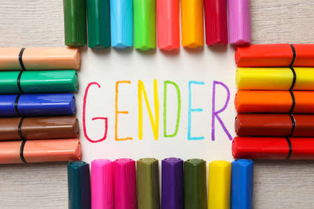 Notebook with word Gender and felt tip pens on wooden table, flat layの写真素材