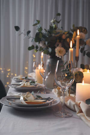 Festive table setting with beautiful decor indoorsの写真素材