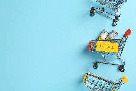 Card with word Cashback, rolled dollar banknotes and shopping carts on light blue background, flat lay. Space for textの写真素材