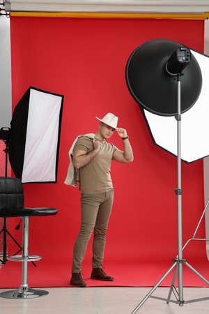 Handsome model posing in studio. professional photo sessionの写真素材